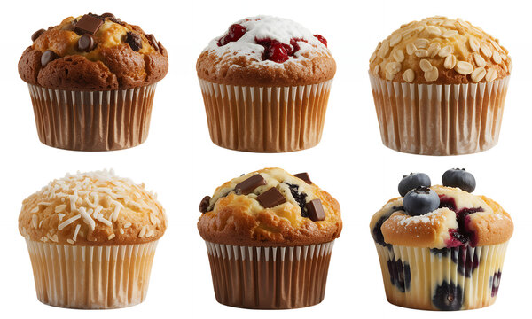 Assorted muffins on white background baked goods pastries desserts