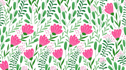 Cheerful floral pattern with pink flowers and green leaves on a white background seamless texture