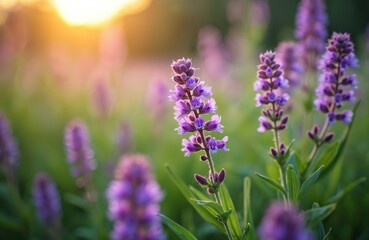 Fototapeta premium Purple and white vicia flowers bloom softly in lush green meadow at sunset. Sunlight illuminates delicate petals creating a tranquil natural scene.