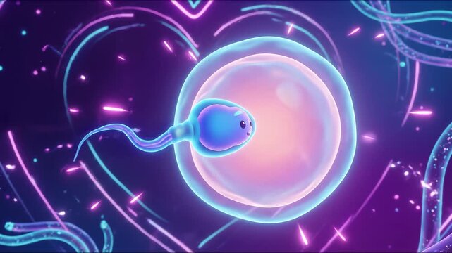 Stylized 3D Illustration of Sperm Cell Fertilizing Egg with Hearts