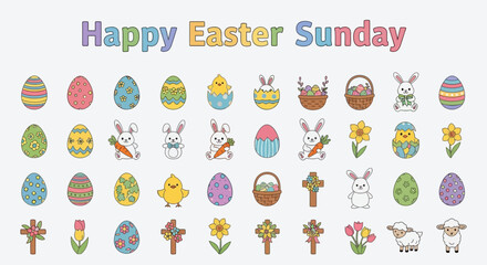 Obraz premium Cheerful spring holiday celebration icon collection featuring various decorative eggs, cute bunnies, chicks, and flowers, ideal for festive design projects and seasonal greetings