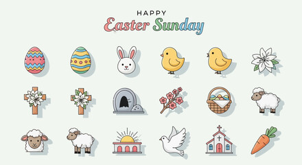 Fototapeta premium Vibrant collection of cheerful Easter icons featuring eggs, bunnies, chicks, and symbolic elements, perfect for celebrating the joyous spring holiday