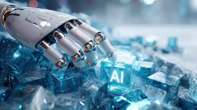 The AI Touch: An android hand gently interacts with a glowing AI cube, amidst a sea of crystalline structures, symbolizing the dawn of technological innovation and artificial intelligence.