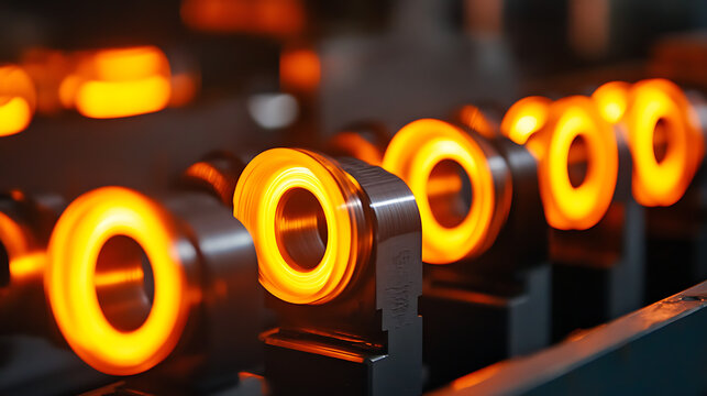 Industrial machine holds glowing orange circular components. Bright illumination highlights metallic rings in manufacturing line. Close-up shows precise mechanical parts under warm lighting