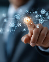 Obraz premium Networking in the Digital Age: A close-up of a hand in a tailored suit, effortlessly engaging with a network of glowing digital connections, signifying the modern era's interconnectedness.