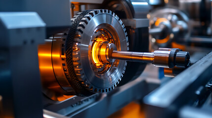 Fototapeta premium Industrial machine processes metal gear with precision. Bright orange light highlights mechanical operation. Metal components gleam under focused illumination