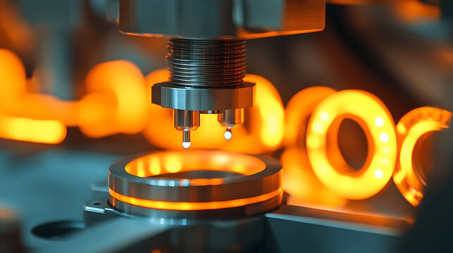 Precision machine tool processes metal ring component. Bright orange lighting illuminates industrial setting. Close-up reveals mechanical precision in manufacturing