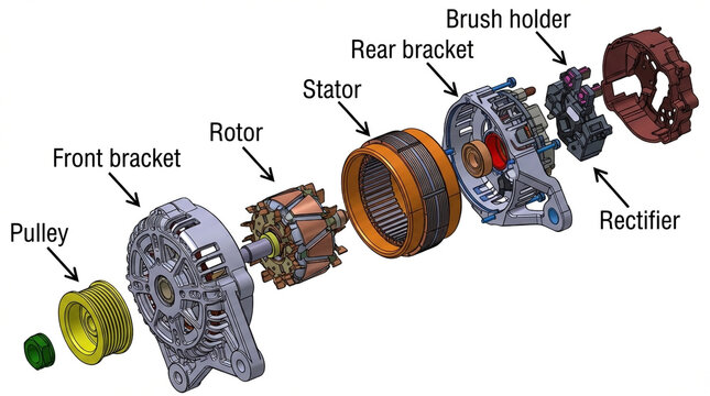 Exploded view of an automotive alternator with labeled components and parts Keywords: alternator, car part, engine component, automotive, electrical, mechanical