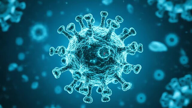 high-resolution 3D rendering of a virus particle under a microscope in a laboratory setting