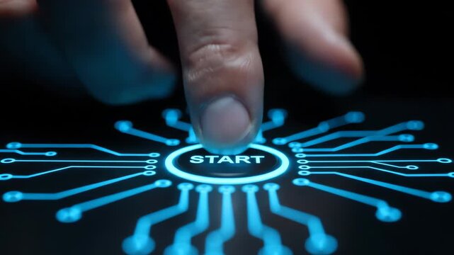 human finger activating digital start button on futuristic touchscreen interface at night