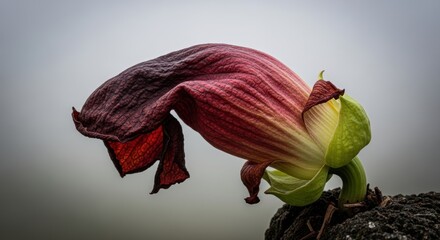 Naklejka premium Wilting dark red flower drooping from a rocky surface in the fog