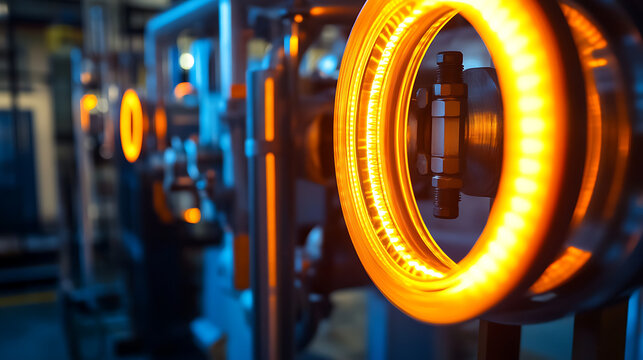 Bright orange ring glows around industrial pipe valve. Blue-toned background shows blurred mechanical equipment. Close-up highlights metallic surface and warm lighting effect