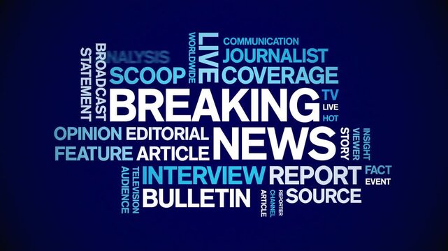 Breaking News animated word cloud-text design animation tag kinetic typography seamless loop.