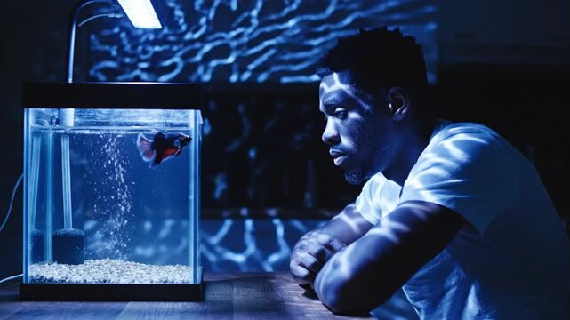 A man gazes intently at a betta fish swimming in a dimly lit aquarium, with abstract blue light patterns projected on the wall behind him.