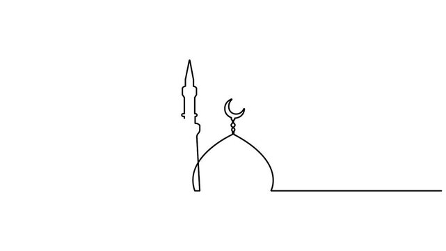 Animated continuous single line art vector drawing of a mosque, One line art dome topped with a crescent moon and a single minaret