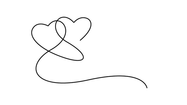 Animated continuous line drawing illustration two interlocking hearts, symbolizing unity, love, and affection