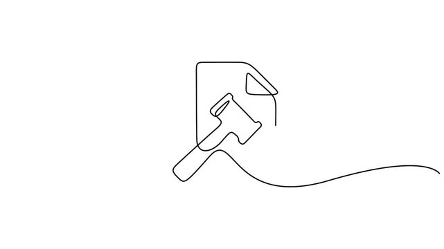 Animated continuous line art drawing judge's gavel positioned on top of a legal document or page, Concept of law and justice