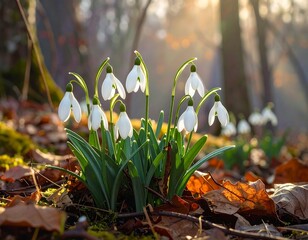 Obraz premium A cluster of white flowers amidst autumn leaves and moss