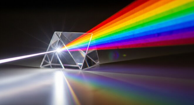 Glass prism refracting white light into a spectrum of colors, demonstrating optical physics and light dispersion, prism effect