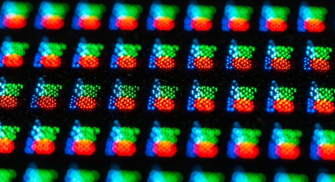 Extreme close-up of an led screen showing individual red, green, and blue pixels arranged in a grid pattern, technology background
