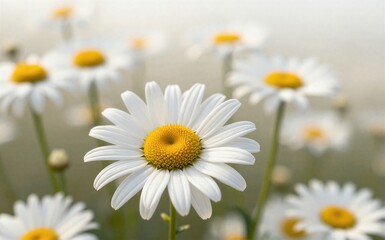 Fototapeta premium White daisies bloom in a soft sunlit field with gentle bokeh