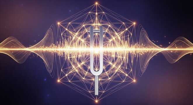 Luminous tuning fork generating energetic sound waves and vibrational resonance in a modern abstract background with light waves