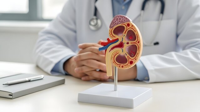 World Kidney Day kidney anatomy and vital functions with a detailed model during a clinic consultation, emphasizing renal health, disease prevention, and patient education