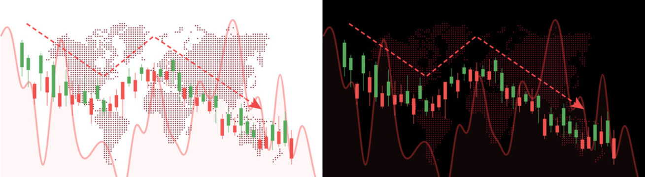 PNG image of&nbsp;A volatile global stock market chart displaying significant financial decline with red bearish candlesticks and a downward arrow on transparent background.