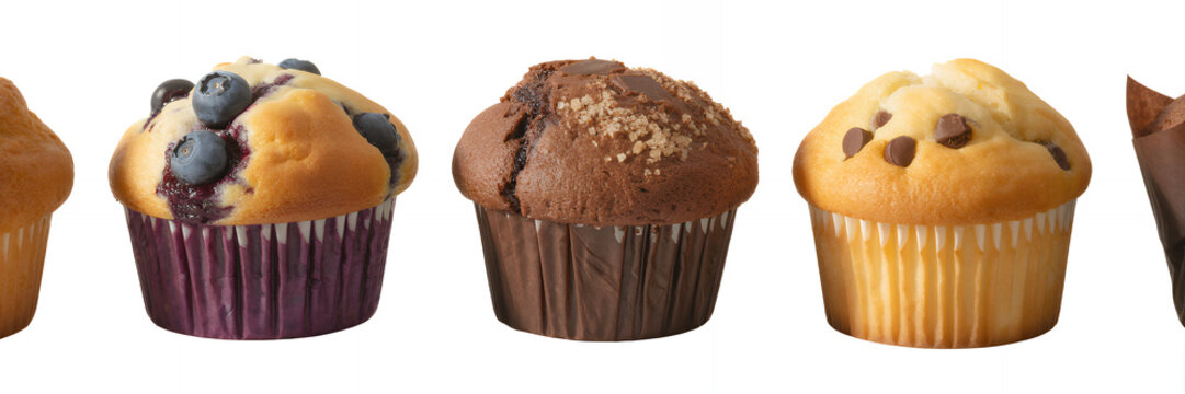 Assorted muffins on white background bakery sweet treats