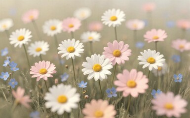 Fototapeta premium Soft daisies in pastel hues bloom gently in a misty sunlit meadow.