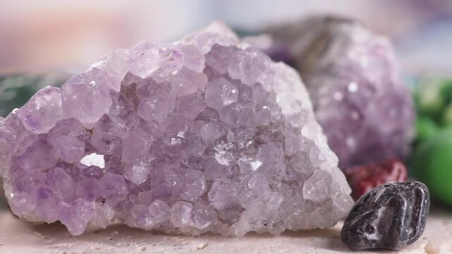 Amethyst and colorful crystals display in bright setting
