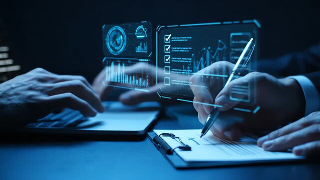 professional analyzing digital financial dashboard in futuristic office for data-driven insights