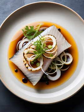 A plate of kingfish crudo with grilled onion in soy sauce.