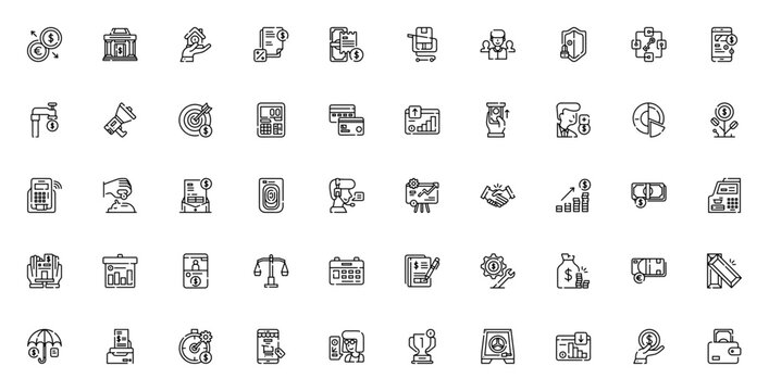 Finance icon set. Vector illustration with symbols for banking, investment, payment, blockchain, profit, and more. Minimalist editable stroke.