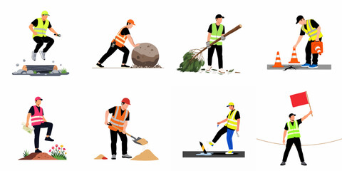 Fototapeta premium Flat vector illustration set of manual workers in high-visibility vests performing various construction, roadwork, and outdoor labor tasks on a white background.