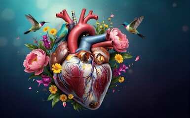 Fototapeta premium Anatomical heart surrounded by vibrant flowers and hummingbirds