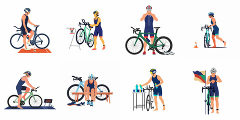 Fototapeta premium Flat vector illustrations of triathlon athletes during various stages of a race, including transition phases, cycling, and equipment preparation.