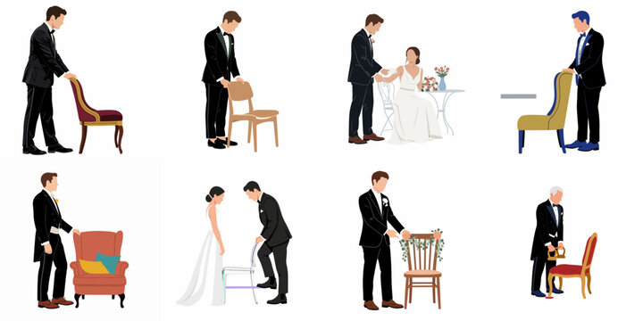 Collection of flat vector illustrations depicting gentlemen in formal suits politely pulling out chairs for women at weddings or formal events.