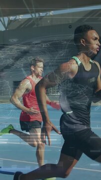 Vertical video: Camera panning pair on blue track lead holding chaser closing gap under tech HUD
