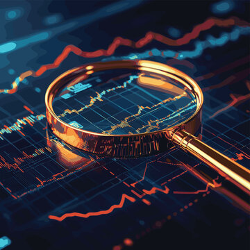 Golden magnifying glass hovers over digital financial chart with fluctuating lines, symbolizing investment analysis and business scrutiny