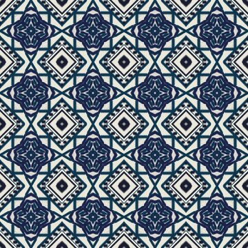 High resolution raster image, a contemporary tribal motif inspired by traditional Ikat weaving techniques. Featuring a classic indigo and cream color palette.