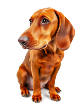 Redbone Coonhound with its glossy red coat, sitting attentively, white background
