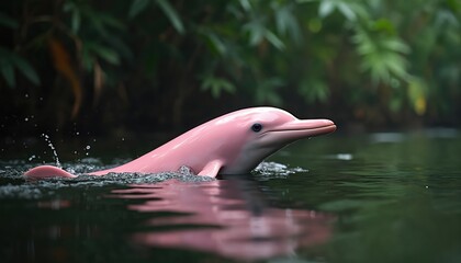 Naklejka premium Pink river dolphin surfaces in dark Amazon river water with green forest background. Rare mammal swims, breaks water surface in its natural habitat.