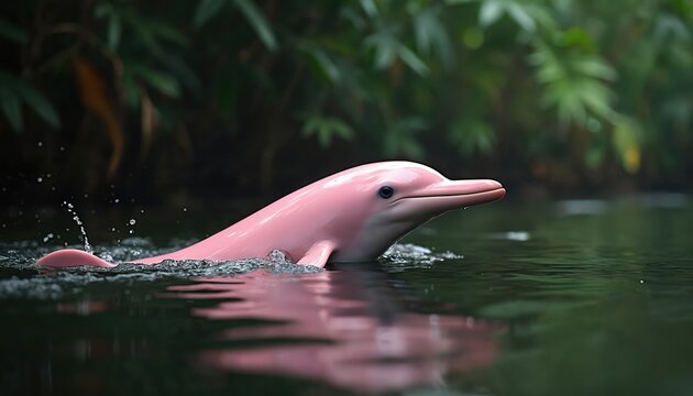 Pink river dolphin surfaces in dark Amazon river water with green forest background. Rare mammal swims, breaks water surface in its natural habitat.