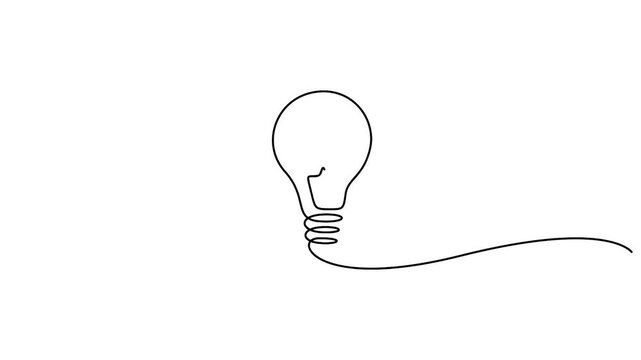 Self animated minimalist illustration of a light bulb, single continuous line, symbolizing a bright idea or innovation