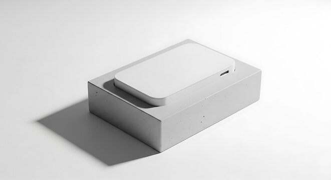 Small white electronic device on a grey box base isolated on white background for product and technology branding