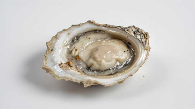 a solitary oyster, expertly shucked and arranged on a pristine white background, its creamy flesh glistening in the light