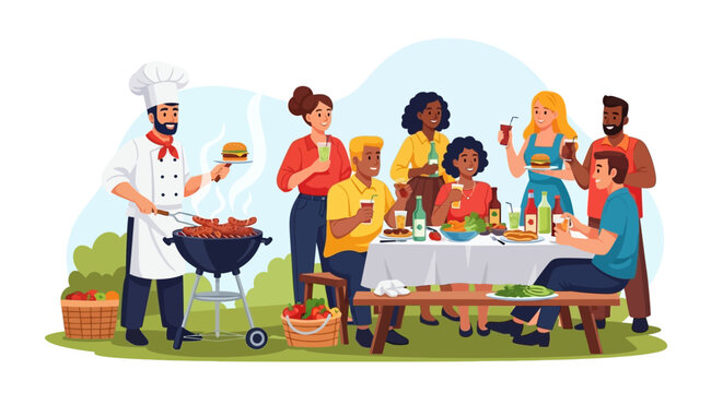 Diverse Friends and Family Enjoying Outdoor BBQ Garden Party with Chef Grilling Burgers and Sausages - Vector Illustration
