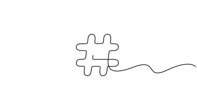 Self animated minimalist continuous black line drawing of a hashtag symbol vector design