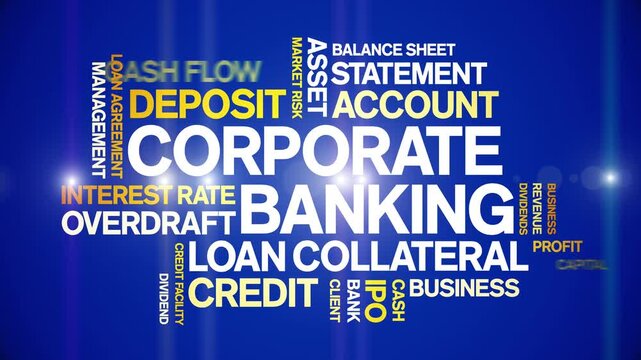Corporate Banking animated word cloud-text design animation tag kinetic typography seamless loop.